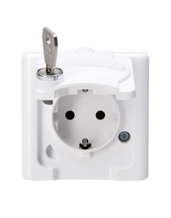 BLUE ELECTRIC - Surface mount - Earthed socket outlet with hinged lid and safety lock - 16 A, 250 V~, IP44, colour: arctic white - 1-K103536008