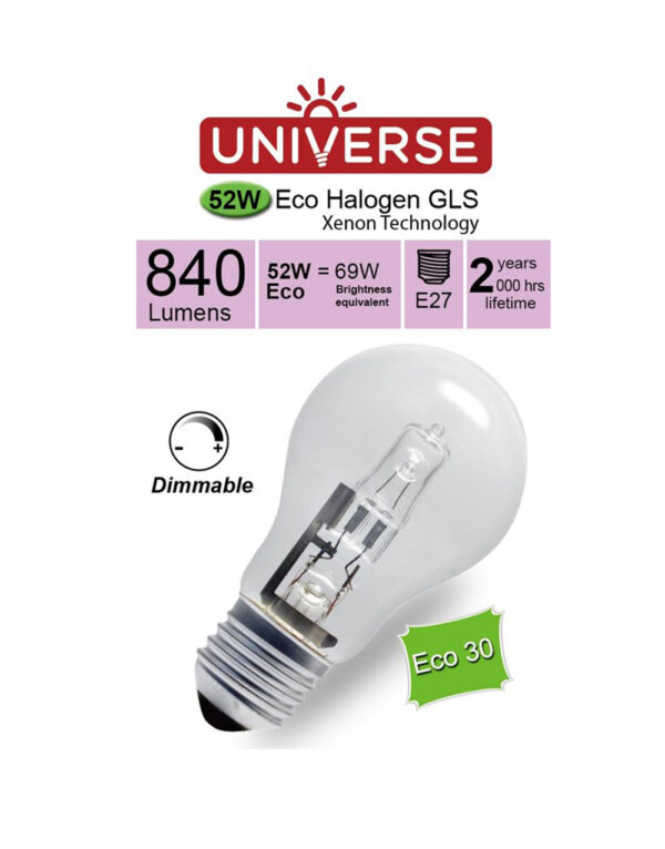 ΛΑΜΠΑ ΑΛΟΓΟΝΟΥ ΕCO30 CLASSIC A55 52W E27 2800K 220-240V 840lm 360° DIMMABLE UNIVERSE - 1-U001359