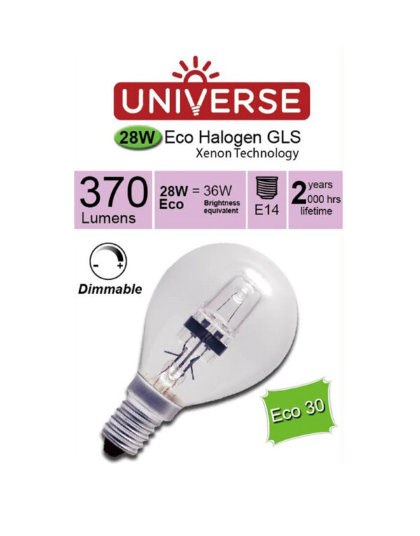 ΛΑΜΠΑ ΑΛΟΓΟΝΟΥ ΕCO30 ΣΦΑΙΡΑΚΙ G45 28W Ε14 2800K 220-240V 370lm 360° DIMMABLE UNIVERSE - 1-U001403