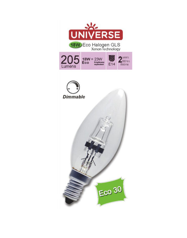 ΛΑΜΠΑ ΑΛΟΓΟΝΟΥ ΕCO30 ΚΕΡΑΚΙ C35 18W Ε14 2800K 220-240V 204lm 360° DIMMABLE UNIVERSE - 1-U001465
