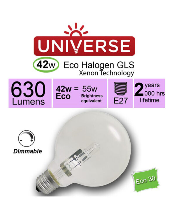 ΛΑΜΠΑ ΑΛΟΓΟΝΟΥ ΕCO30 ΣΦΑΙΡΑ G95 52W E27 2800K 220-240V 840lm 360° DIMMABLE UNIVERSE - 1-U003377