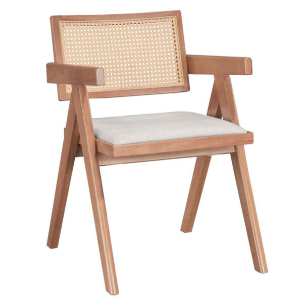 Πολυθρόνα Winslow pakoworld ξύλο rubberwood ανοικτό καρυδί-pvc rattan φυσικό-ύφασμα γκρι - 247-000004