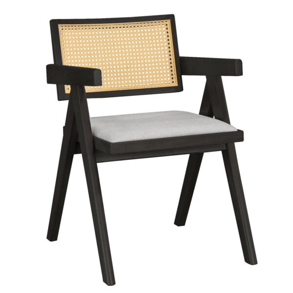 Πολυθρόνα Winslow pakoworld ξύλο rubberwood μαύρο-pvc rattan φυσικό-ύφασμα γκρι - 247-000005