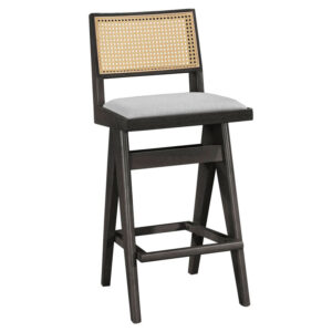 Σκαμπό bar Winslow pakoworld ξύλο rubberwood μαύρο-pvc rattan φυσικό-ύφασμα γκρι 44.5x46x98εκ - 247-000008