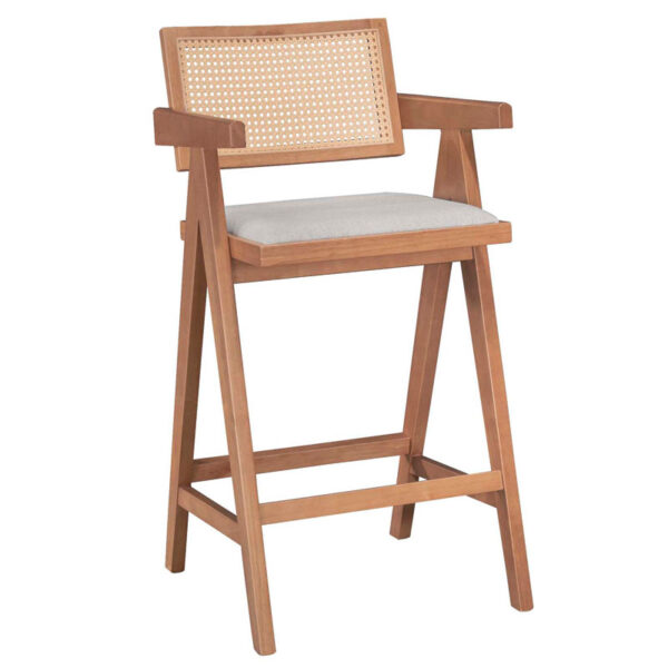 Σκαμπό bar Winslow pakoworld ξύλο rubberwood ανοικτό καρυδί-pvc rattan φυσικό-ύφασμα γκρι - 247-000009
