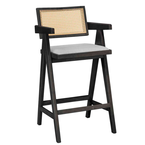 Σκαμπό bar Winslow pakoworld ξύλο rubberwood μαύρο-pvc rattan φυσικό-ύφασμα γκρι - 247-000010